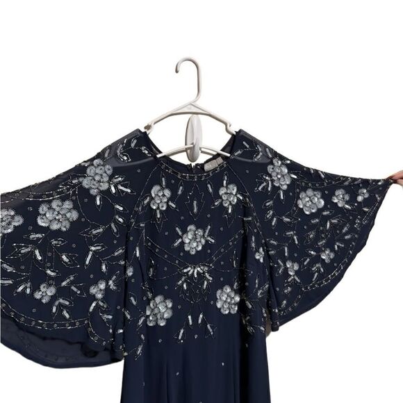 ASOS- Women’s Navy Blue Floor Length Embellished Dress Flutter Sleeve, Size 12 - Picture 5 of 16